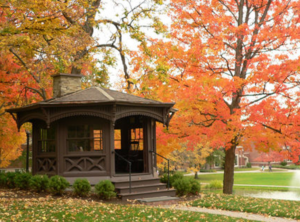 A gazebo in NY state surrounded by fall foliage